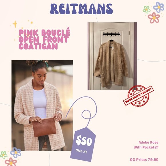 Reitmans Pink Bouclé Open Front Coatigan (Size XL) - Picture 5 of 5